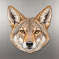 Coyote face wood magnet, shown on stainless steel.