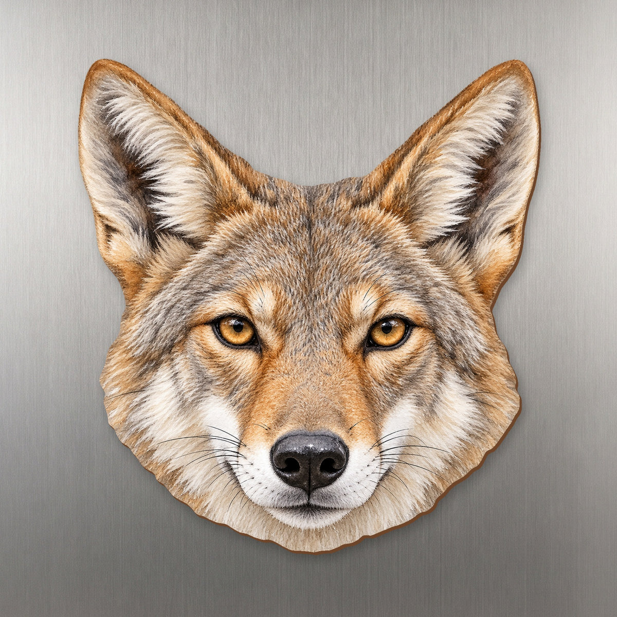Coyote face wood magnet, shown on stainless steel.