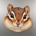 Chipmunk face wood magnet, shown on stainless steel.