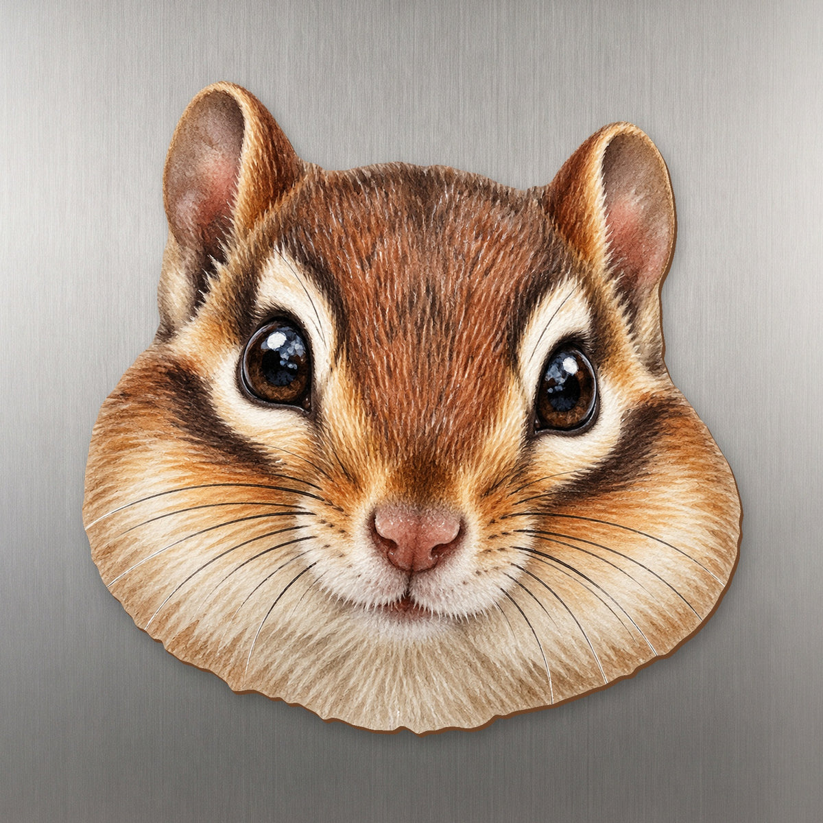 Chipmunk face wood magnet, shown on stainless steel.
