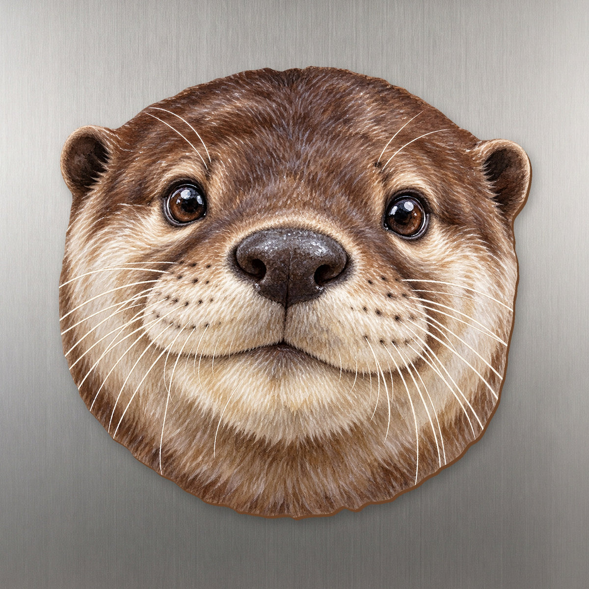 River Otter face wood magnet, shown on stainless steel.
