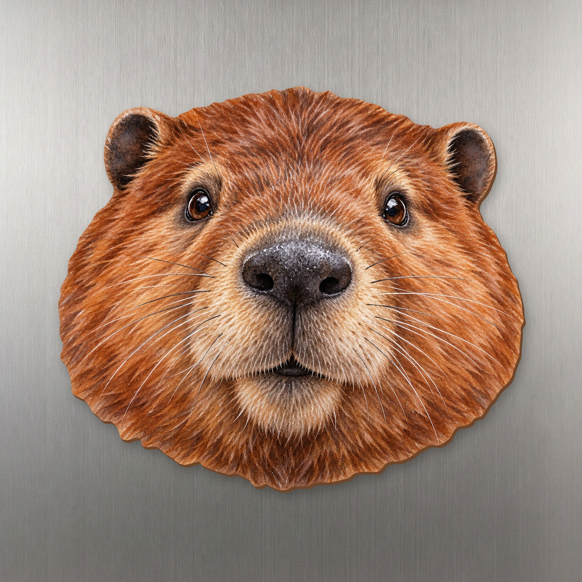 Beaver face wood magnet, shown on stainless steel.