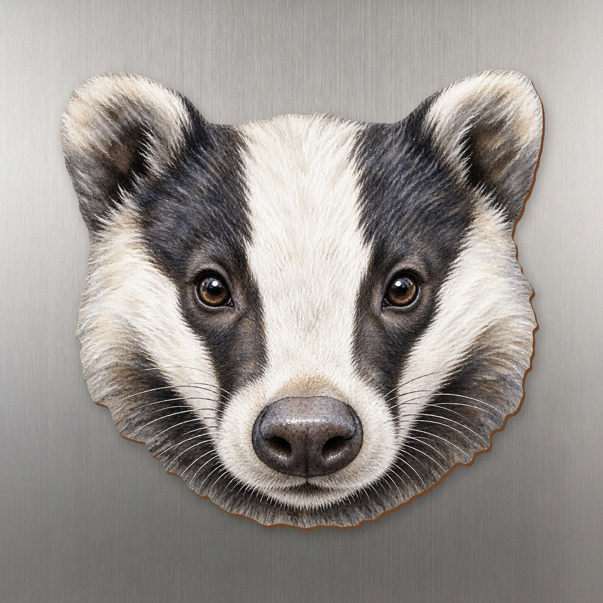 Badger face wood magnet, shown on stainless steel.