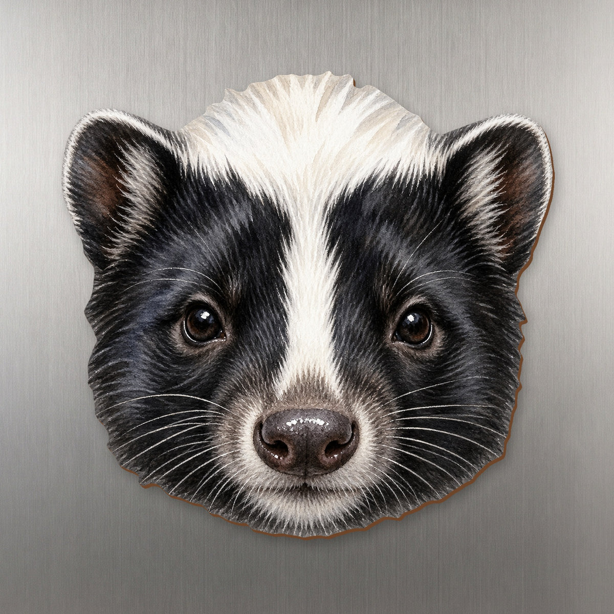 Skunk face wood magnet, shown on stainless steel.