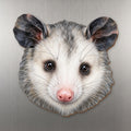 Opossum face wood magnet, shown on stainless steel.