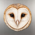 Barn Owl face wood magnet, shown on stainless steel.