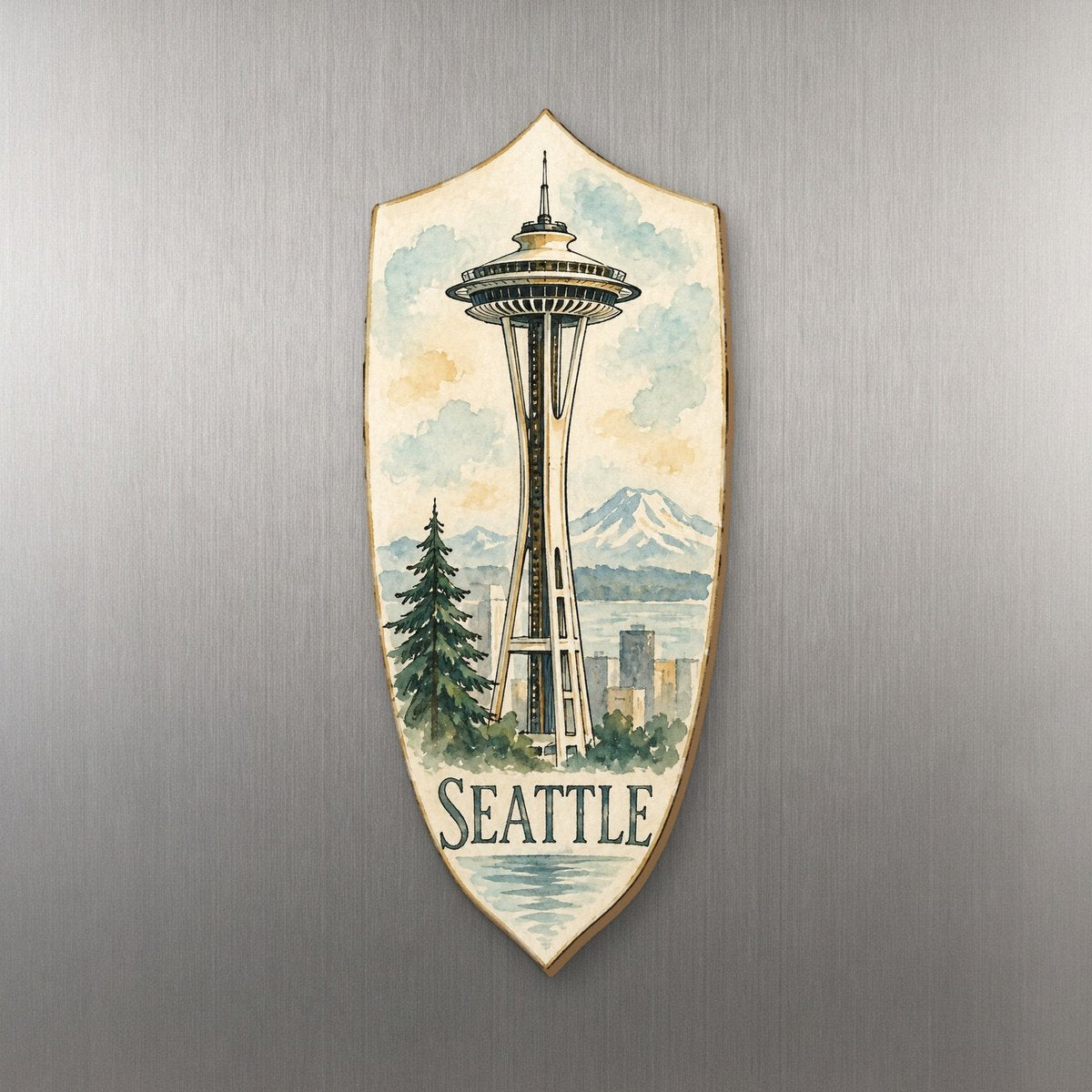 WA Seattle Pen and Watercolor Wash Custom Wood Magnet (MC26)