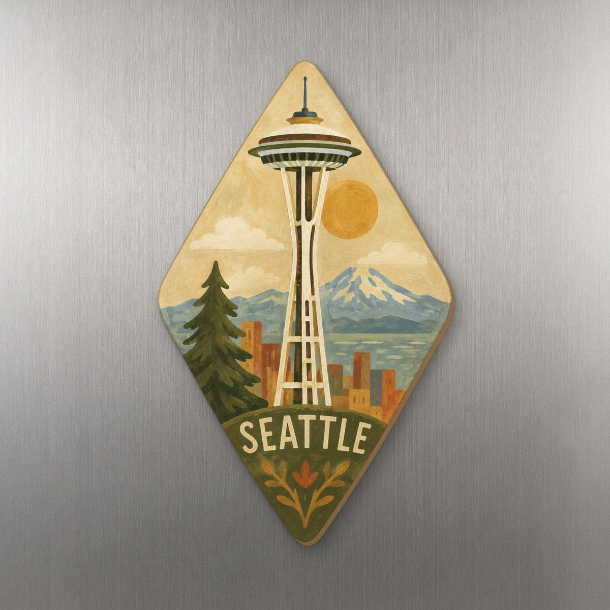 WA Seattle Naive Folk Painting Custom Wood Magnet (MC27)