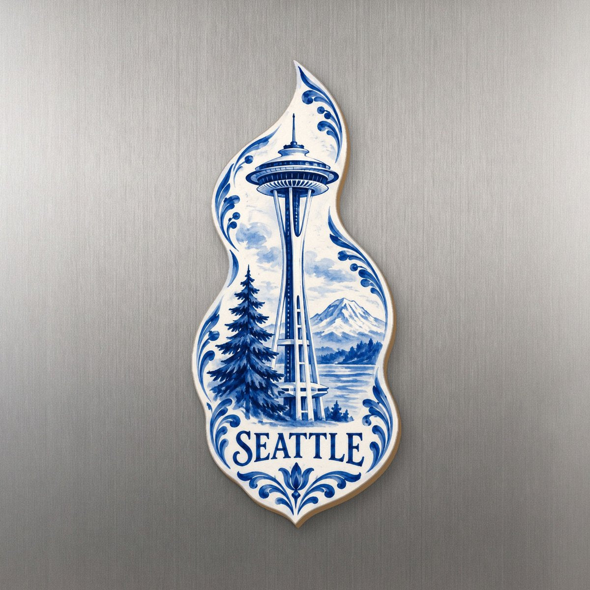 WA Seattle Blue-And-White Ceramic Illustration Custom Wood Magnet (MC28)