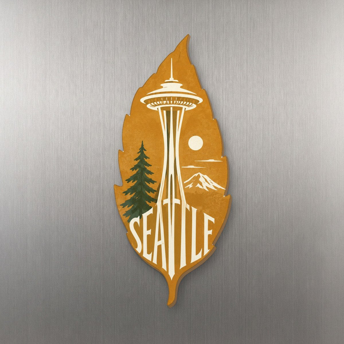 WA Seattle Typographic Illustration Custom Wood Magnet (MC30)