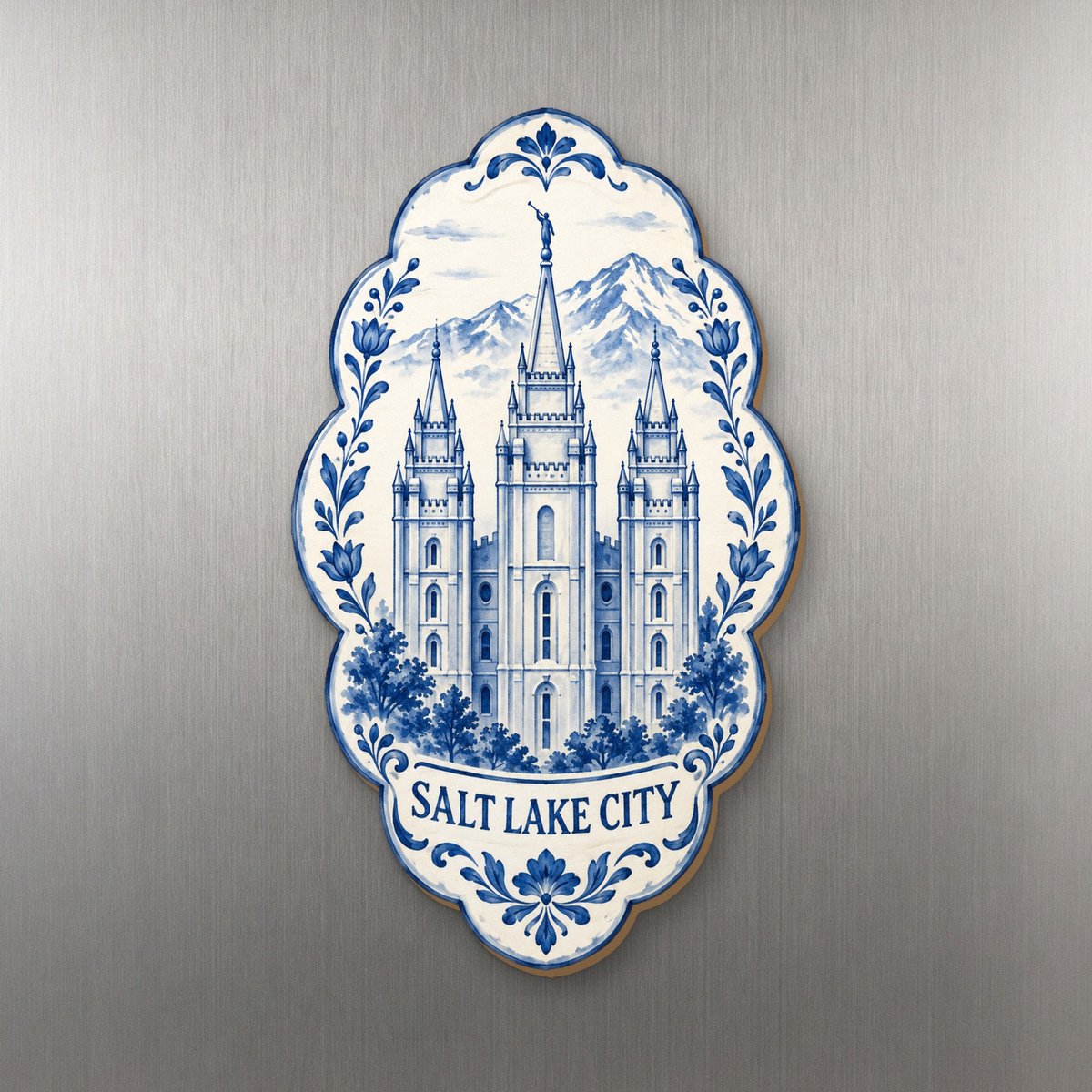 UT Salt Lake City Blue-And-White Ceramic Illustration Custom Wood Magnet (MC46)