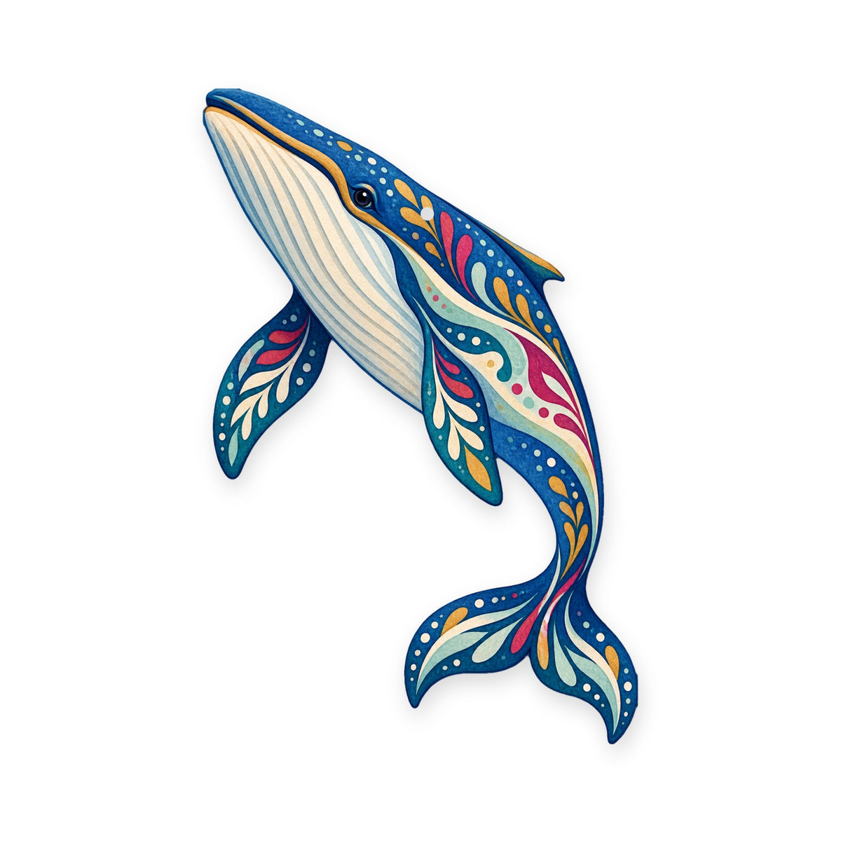 Fin Whale folk art ornament O101 on white, laser-cut maple wood, made in USA