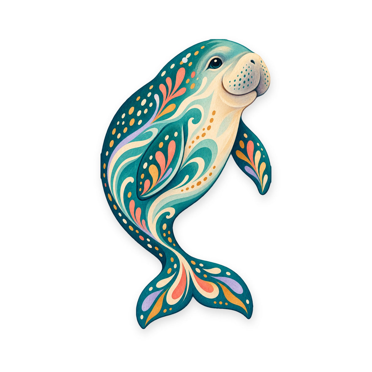 Dugong folk art ornament O103 on white, laser-cut maple wood, made in USA