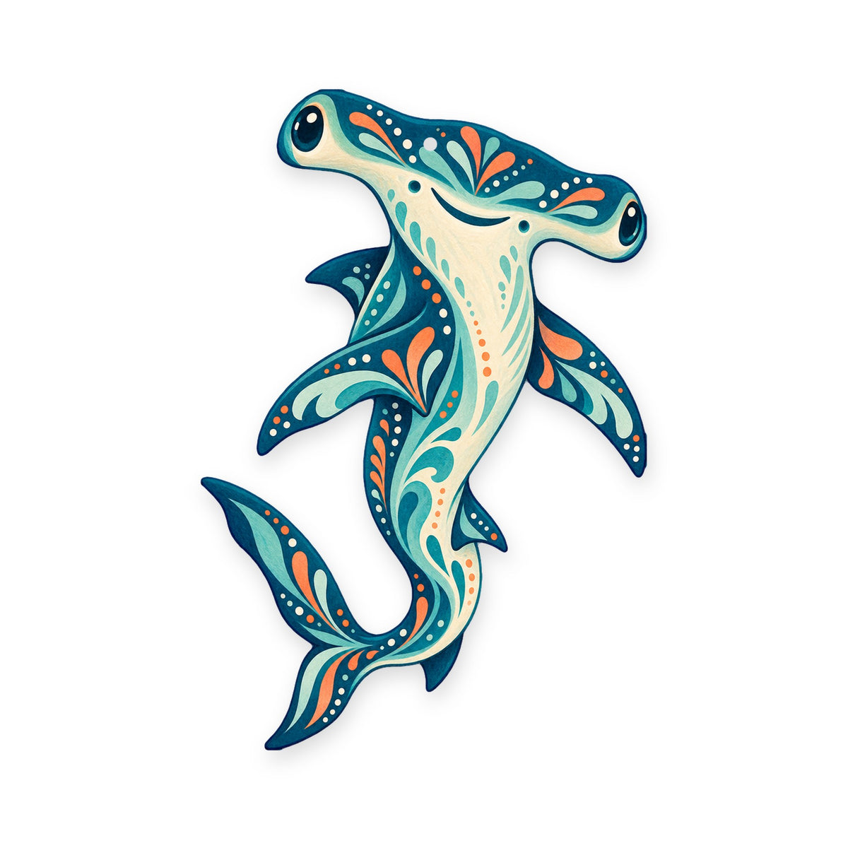 Hammerhead Shark folk art ornament O105 on white, laser-cut maple wood, made in USA