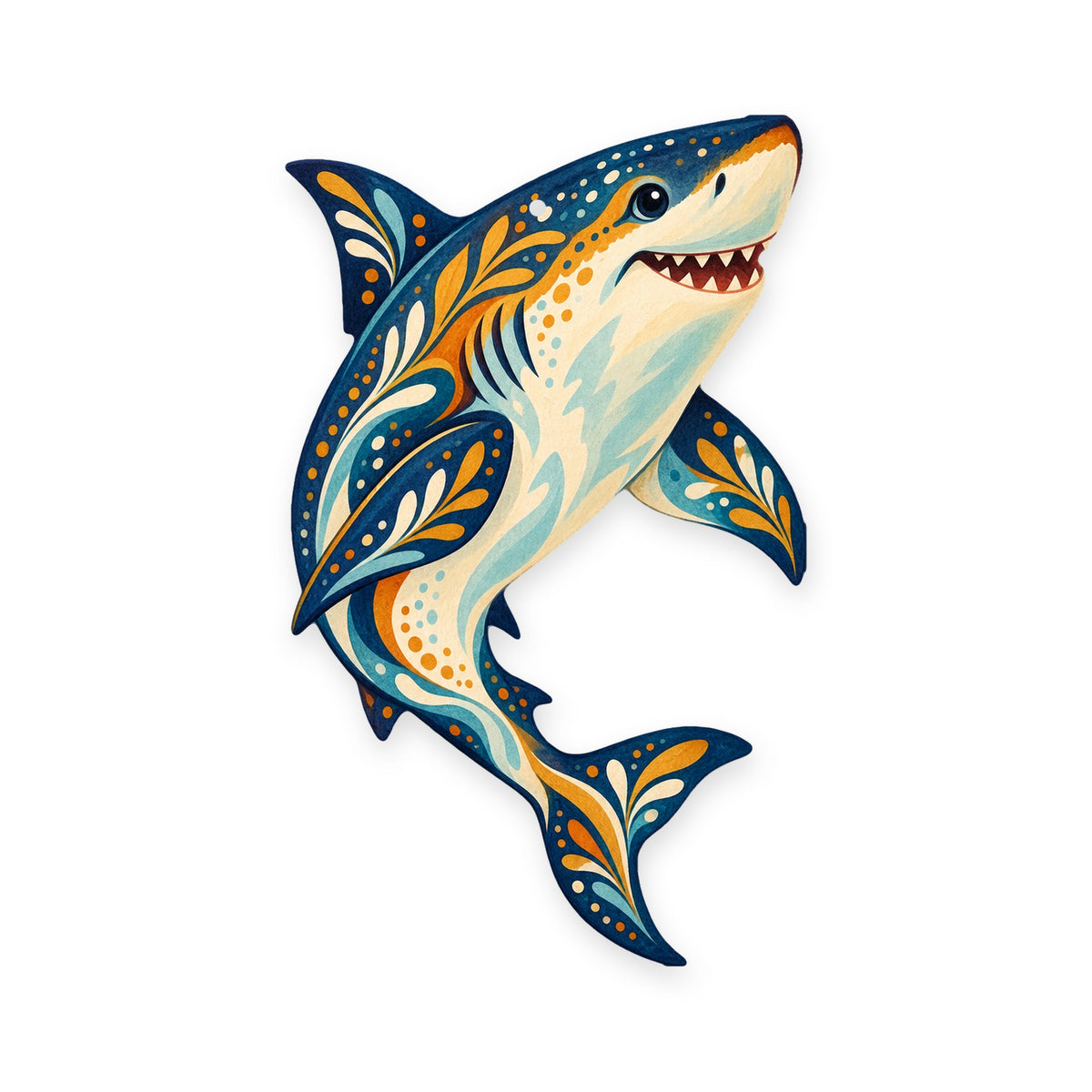 Great White Shark folk art ornament O106 on white, laser-cut maple wood, made in USA