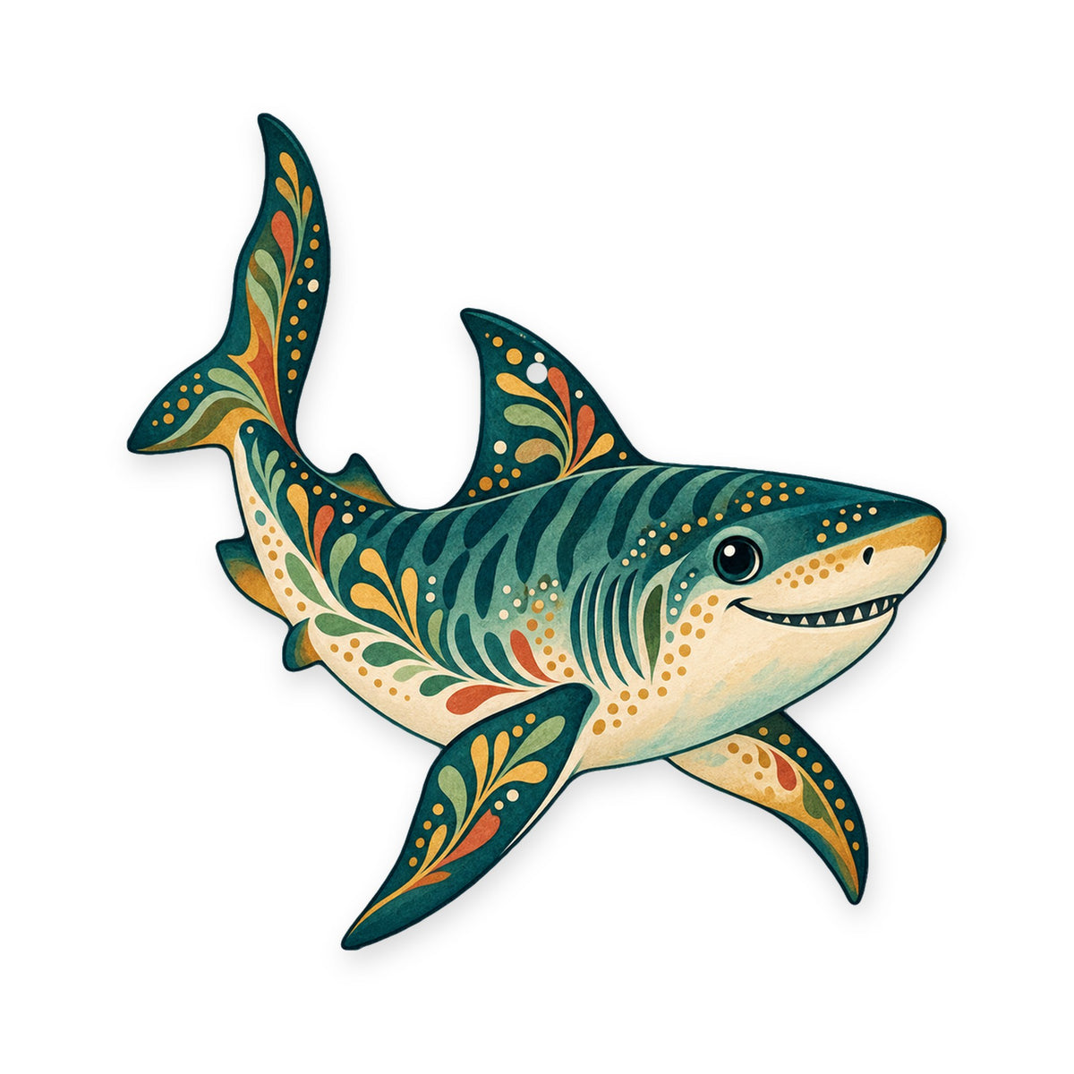 Tiger Shark folk art ornament O107 on white, laser-cut maple wood, made in USA