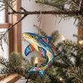Laser-cut maple wood Nurse Shark folk art ornament O109 hanging on a fir branch, made in USA