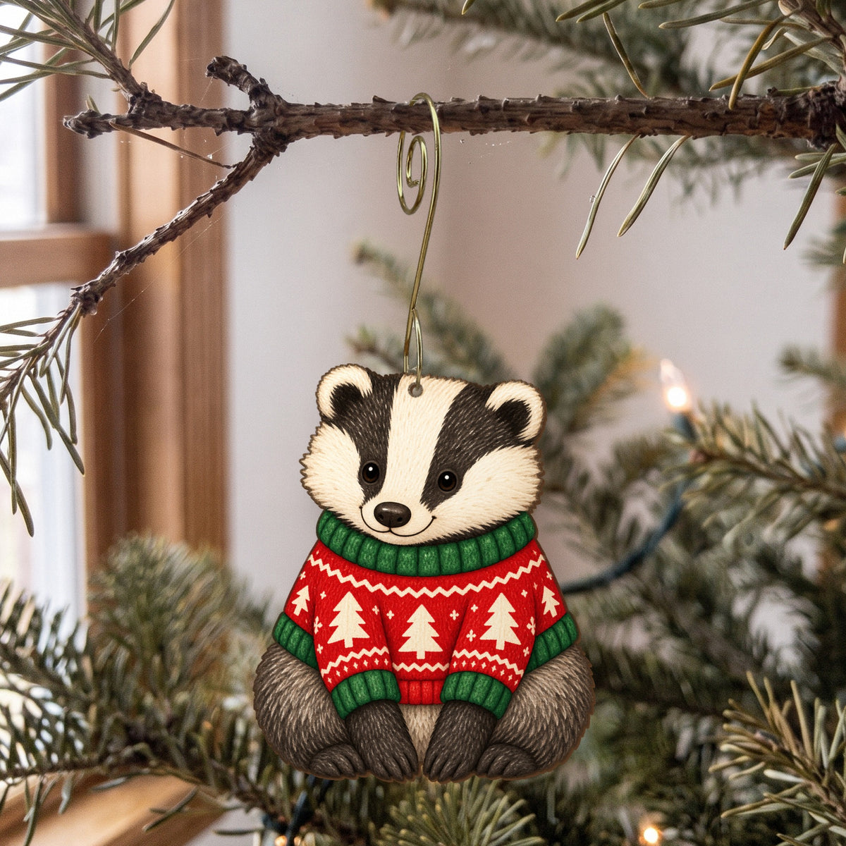 Laser-cut maple wood Christmas ornament O10 hanging on a fir branch, made in USA