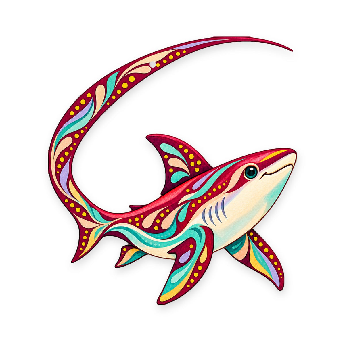 Thresher Shark folk art ornament O110 on white, laser-cut maple wood, made in USA