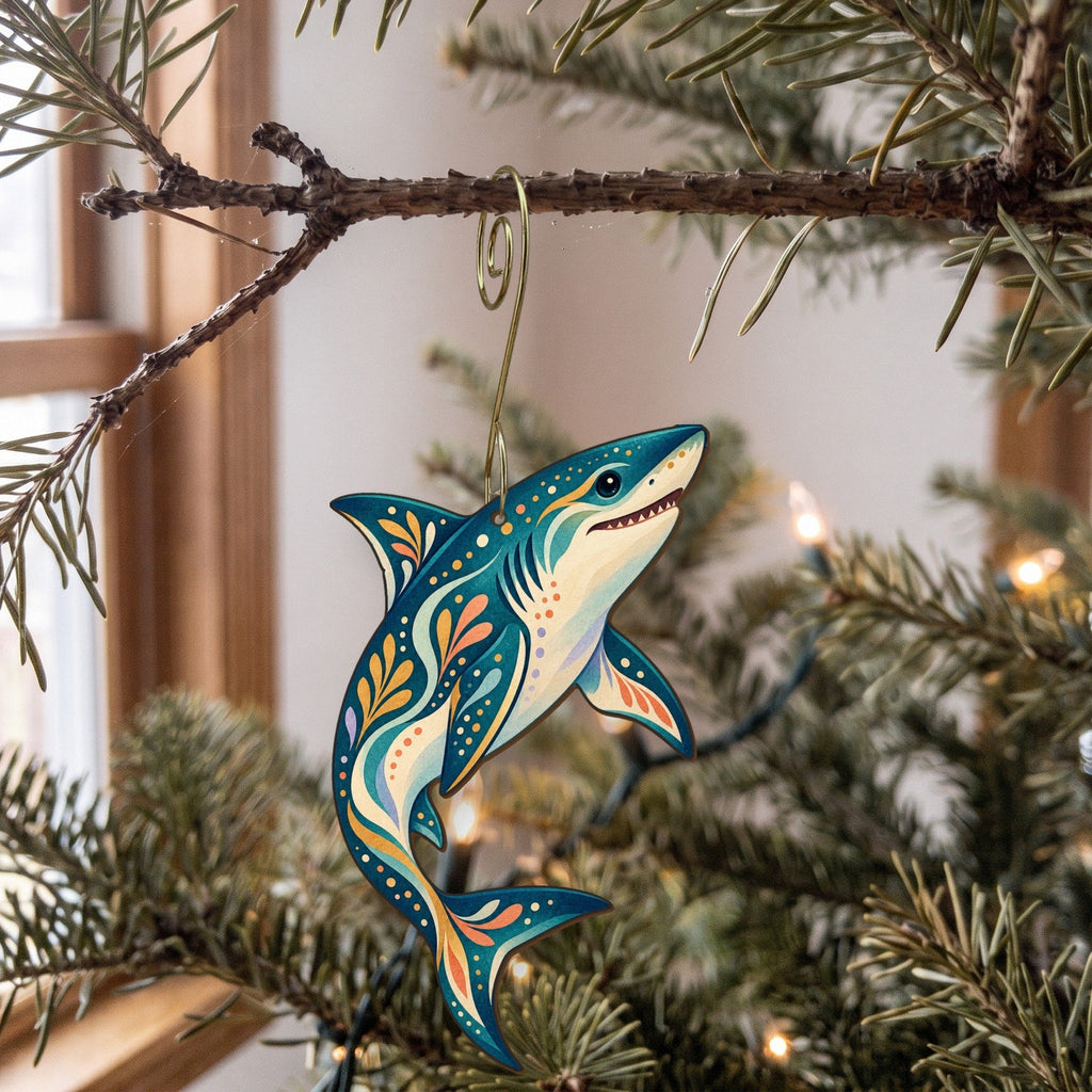 Laser-cut maple wood Mako Shark folk art ornament O111 hanging on a fir branch, made in USA