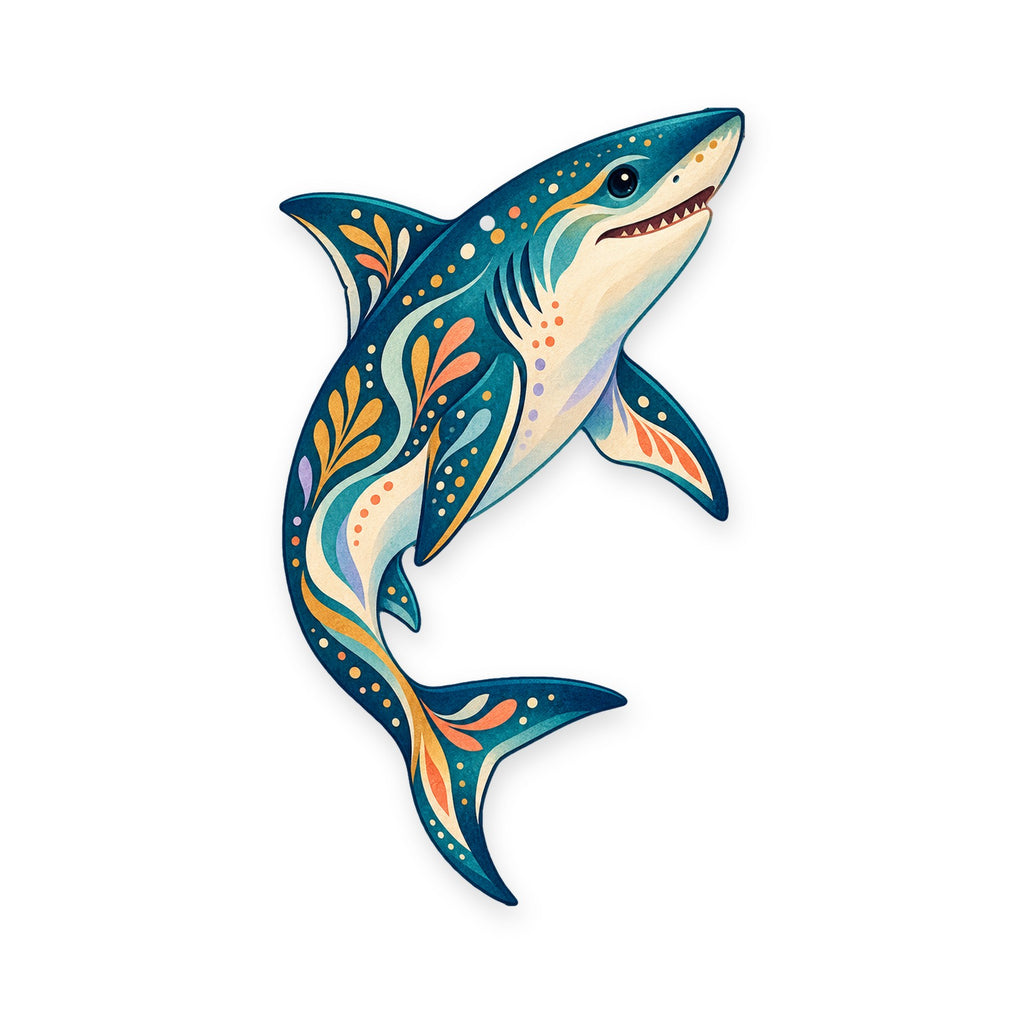 Mako Shark folk art ornament O111 on white, laser-cut maple wood, made in USA