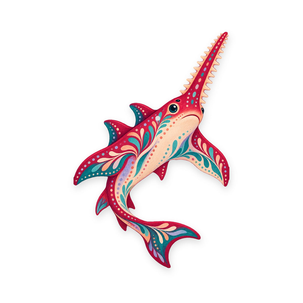 Sawfish folk art ornament O112 on white, laser-cut maple wood, made in USA