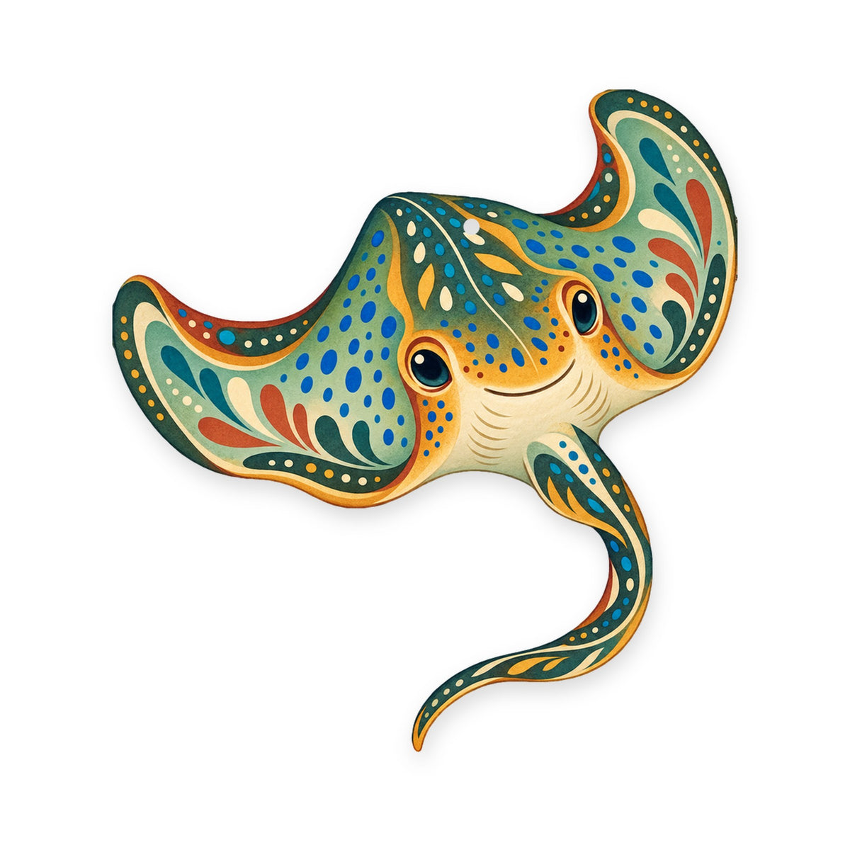 Blue-Spotted Stingray folk art ornament O115 on white, laser-cut maple wood, made in USA