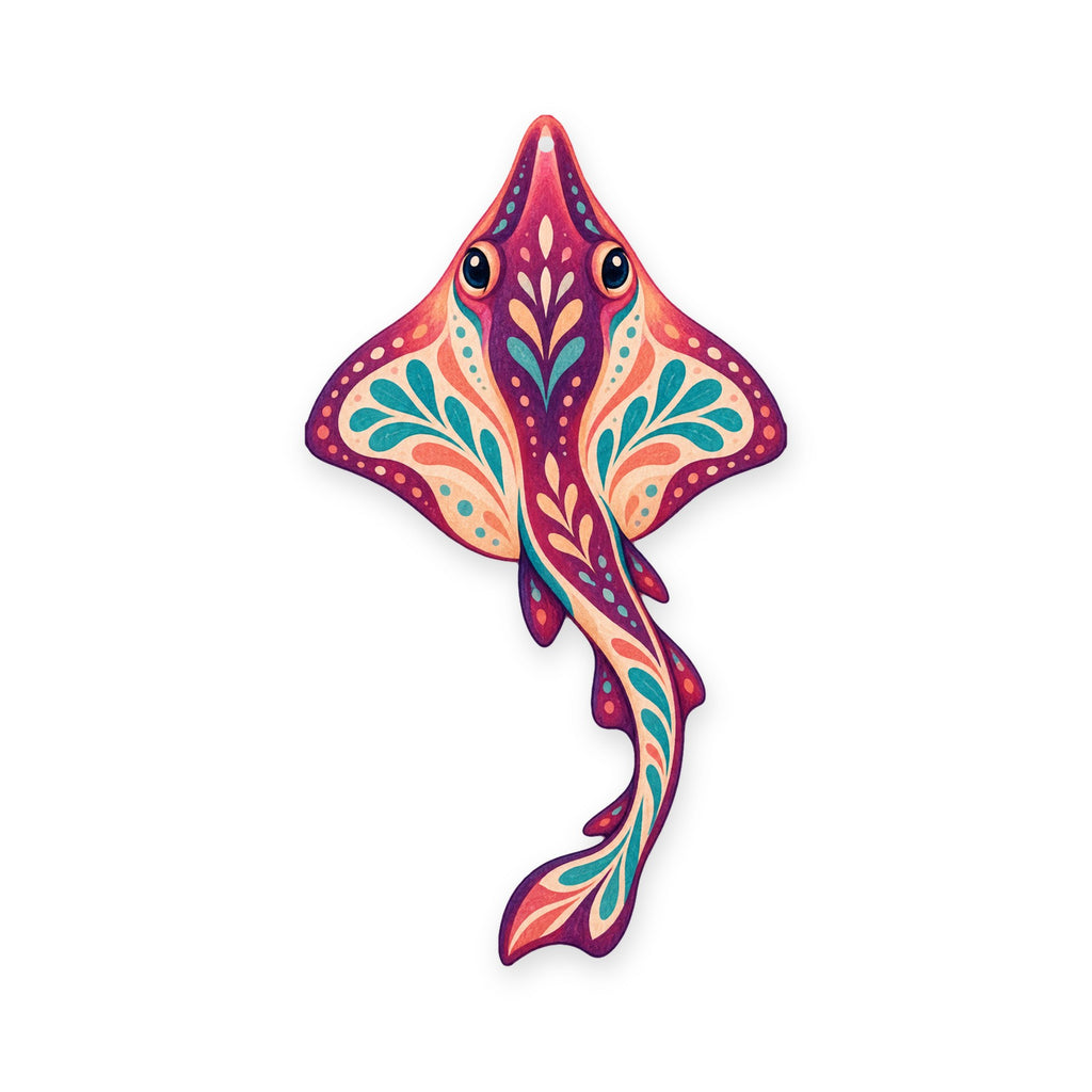 Guitarfish folk art ornament O116 on white, laser-cut maple wood, made in USA