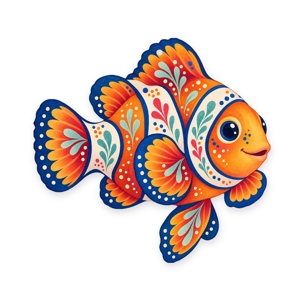 Clownfish folk art ornament O117 on white, laser-cut maple wood, made in USA