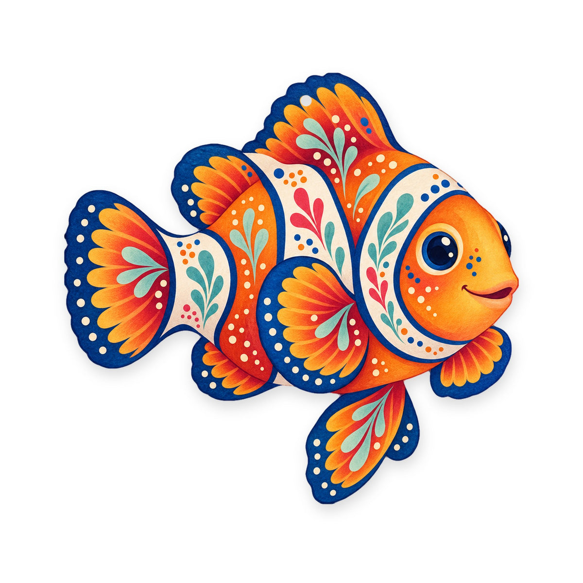 Clownfish folk art ornament O117 on white, laser-cut maple wood, made in USA