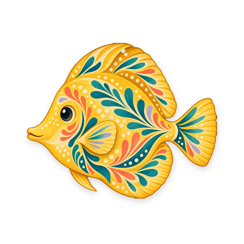 Yellow Tang folk art ornament O119 on white, laser-cut maple wood, made in USA