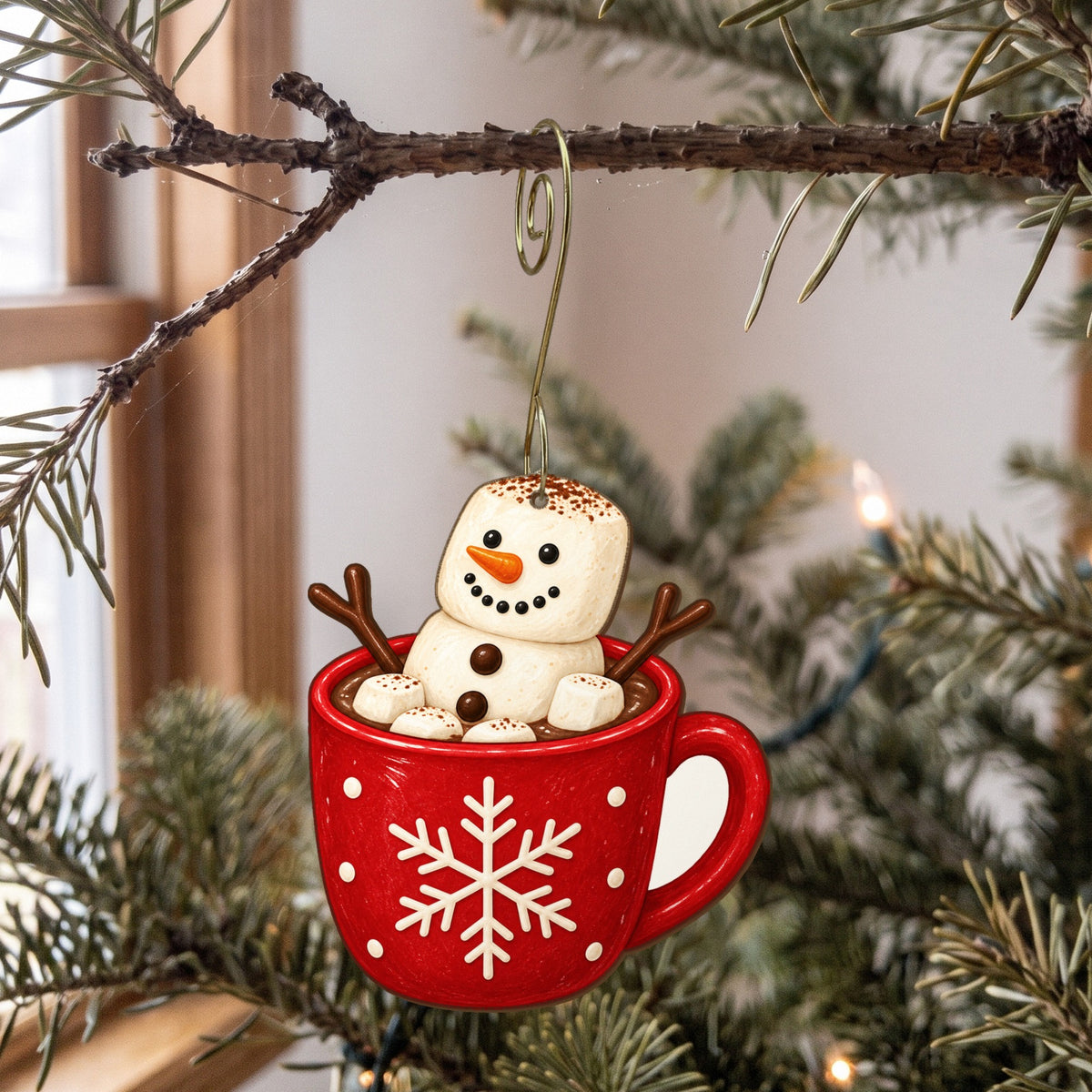Laser-cut maple wood Christmas ornament O11 hanging on a fir branch, made in USA