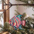Laser-cut maple wood Regal Angelfish folk art ornament O120 hanging on a fir branch, made in USA