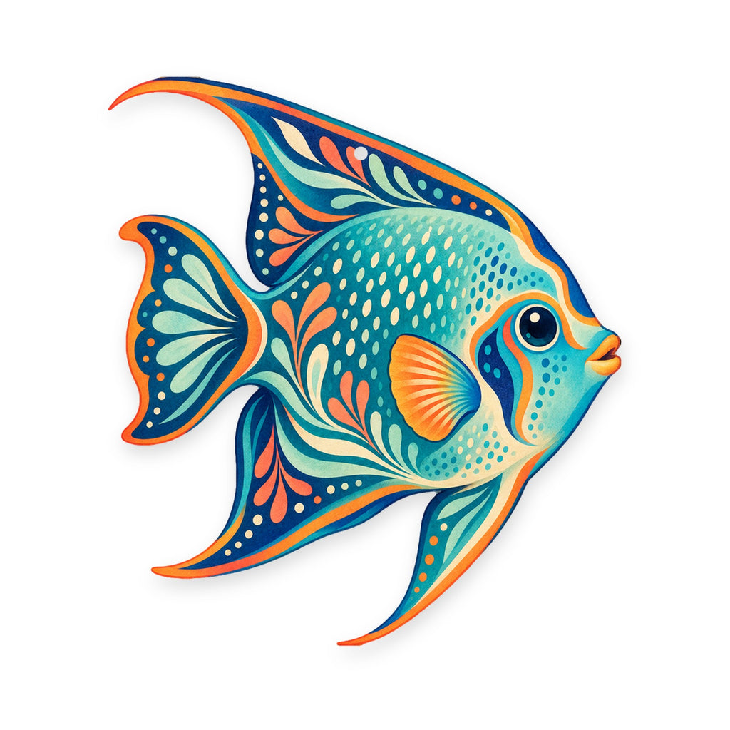 Queen Angelfish folk art ornament O121 on white, laser-cut maple wood, made in USA