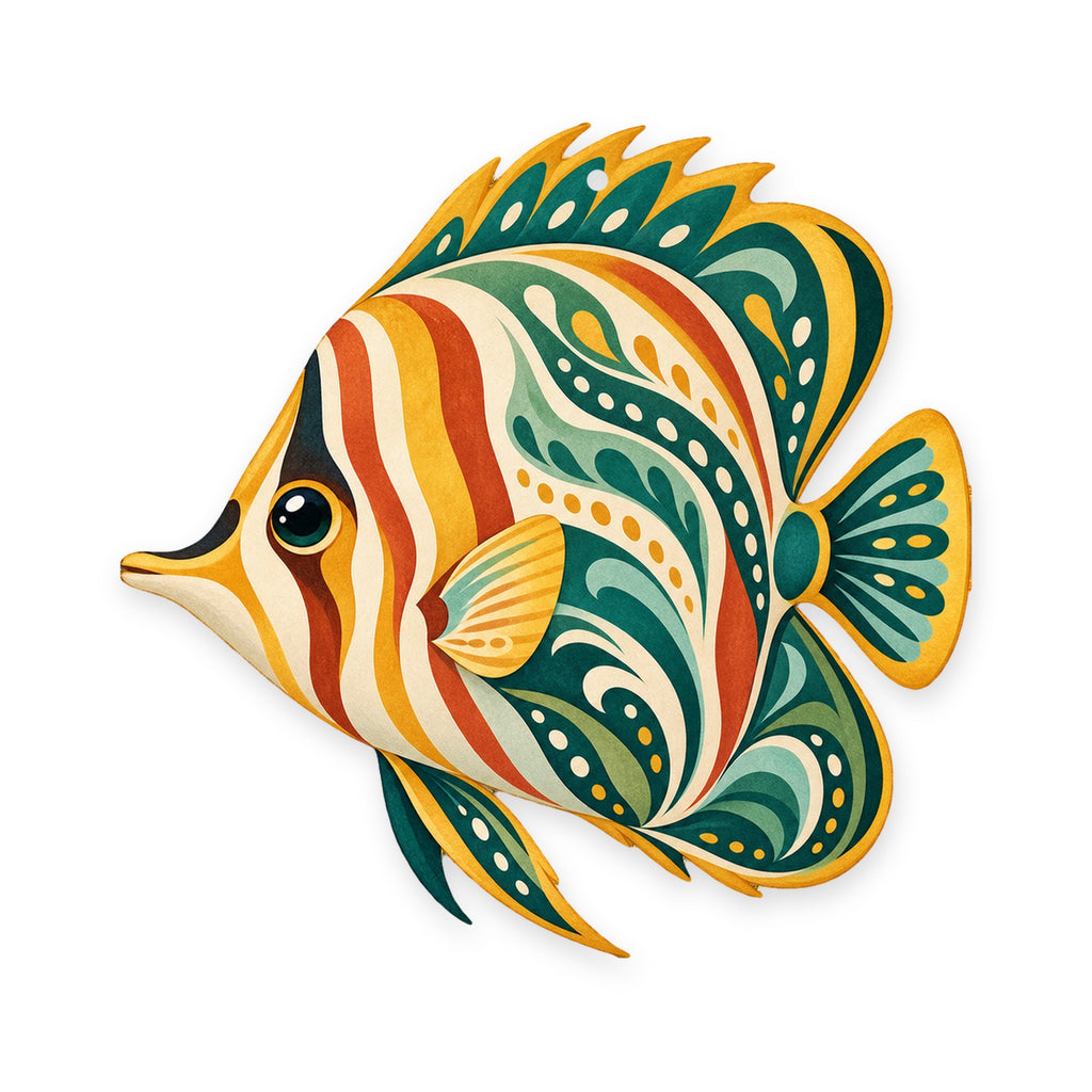 Butterflyfish folk art ornament O123 on white, laser-cut maple wood, made in USA