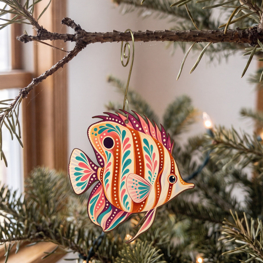 Laser-cut maple wood Copperband Butterflyfish folk art ornament O124 hanging on a fir branch, made in USA