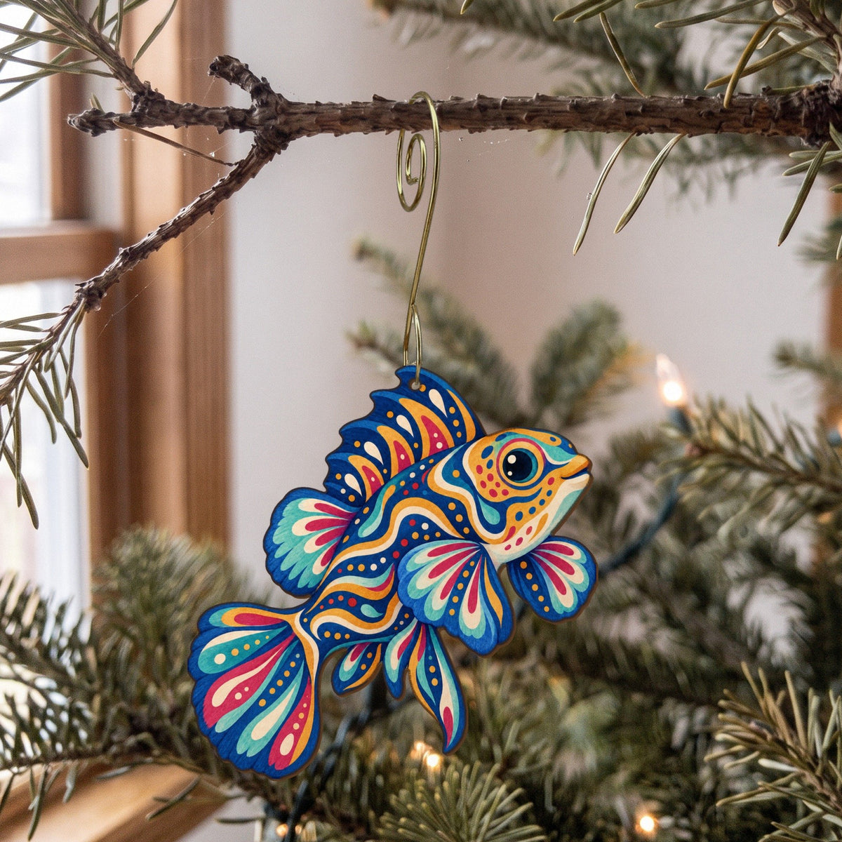 Laser-cut maple wood Mandarinfish folk art ornament O125 hanging on a fir branch, made in USA