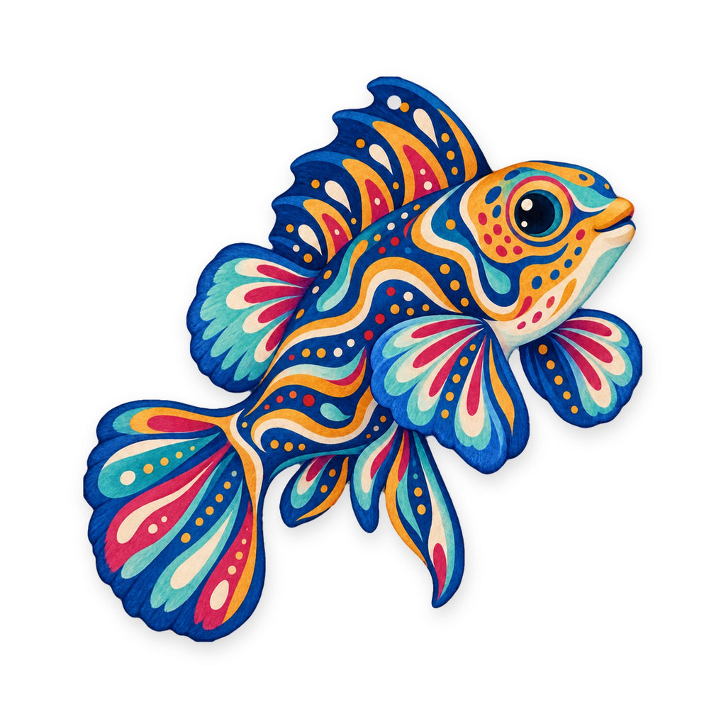 Mandarinfish folk art ornament O125 on white, laser-cut maple wood, made in USA
