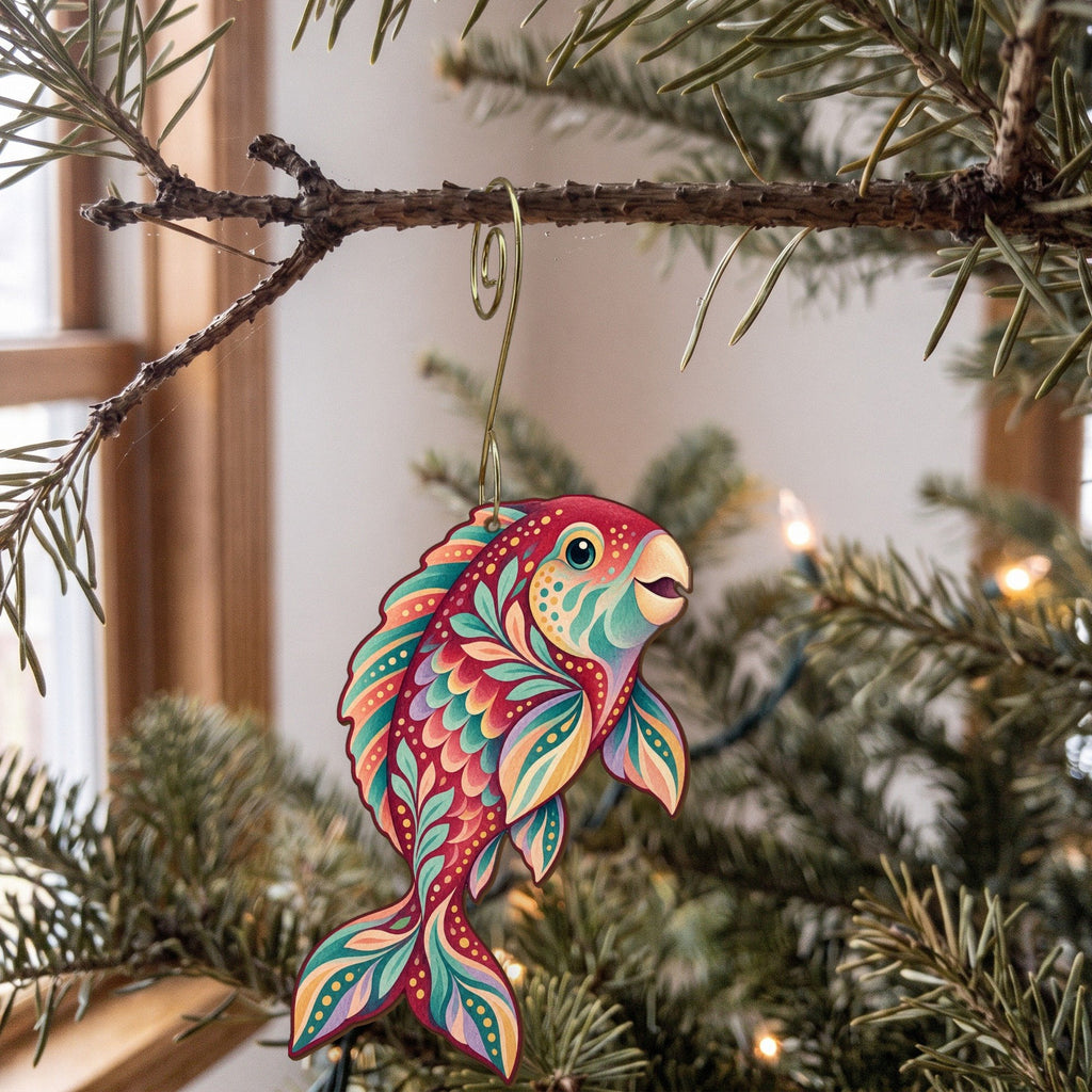 Laser-cut maple wood Parrotfish folk art ornament O126 hanging on a fir branch, made in USA