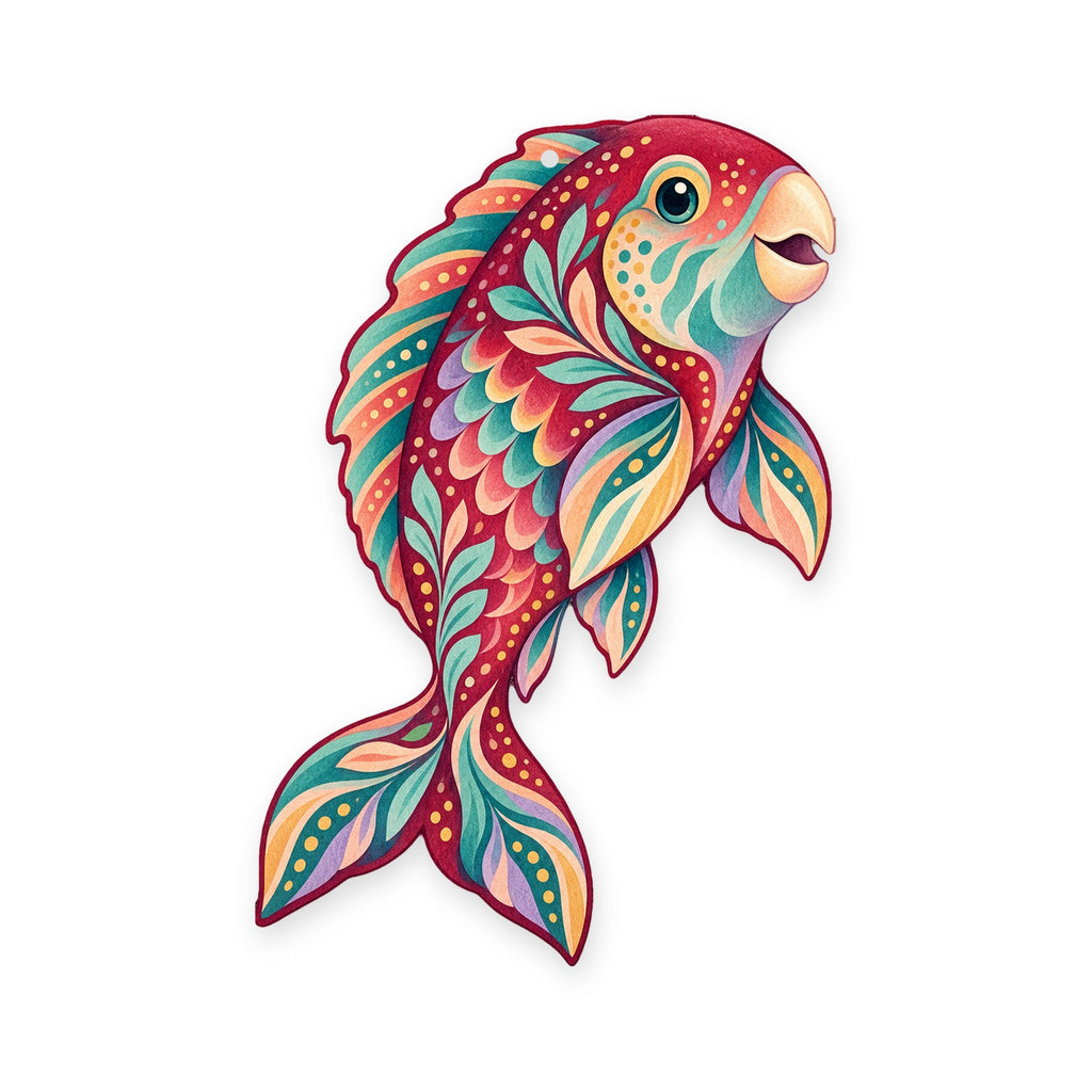 Parrotfish folk art ornament O126 on white, laser-cut maple wood, made in USA