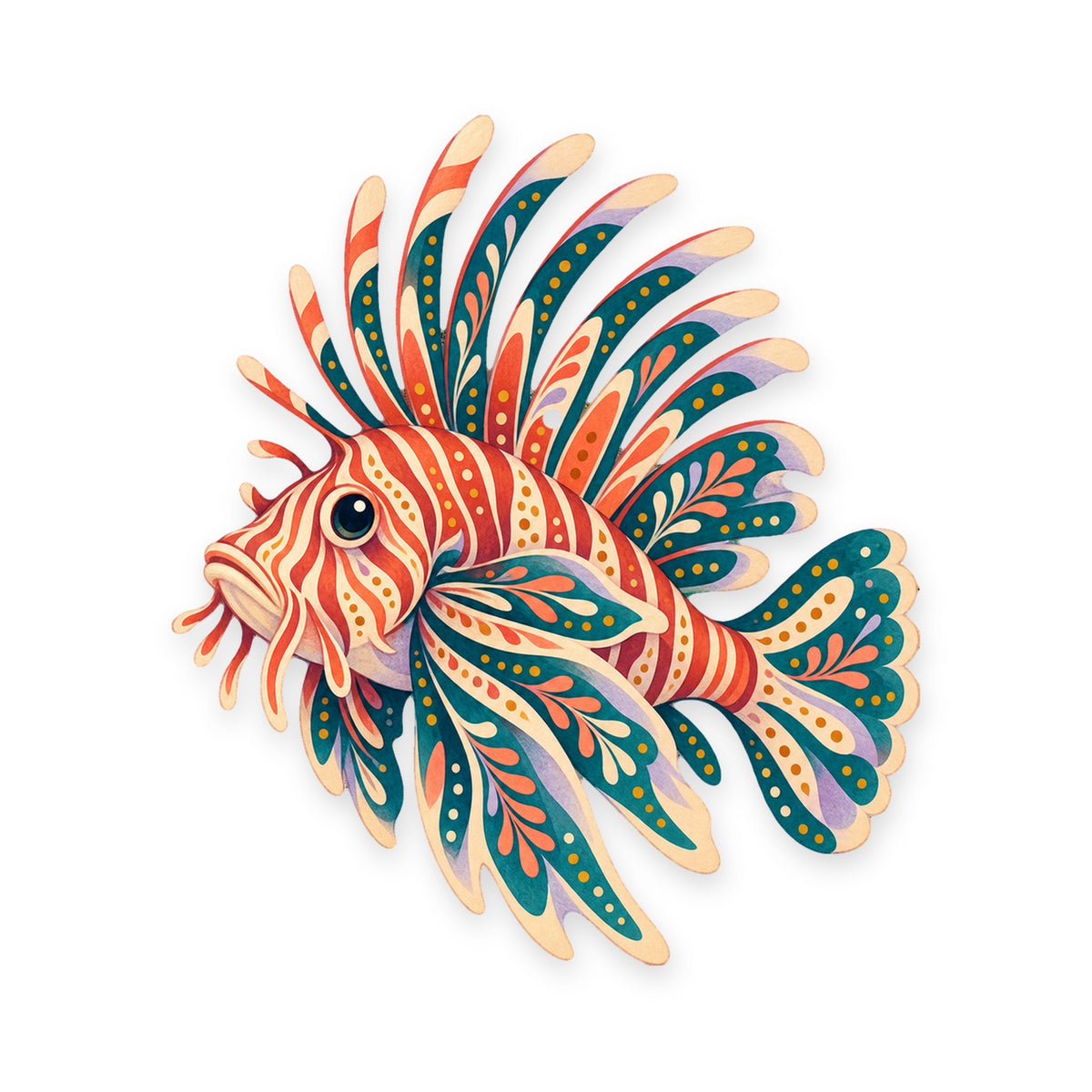 Lionfish folk art ornament O127 on white, laser-cut maple wood, made in USA