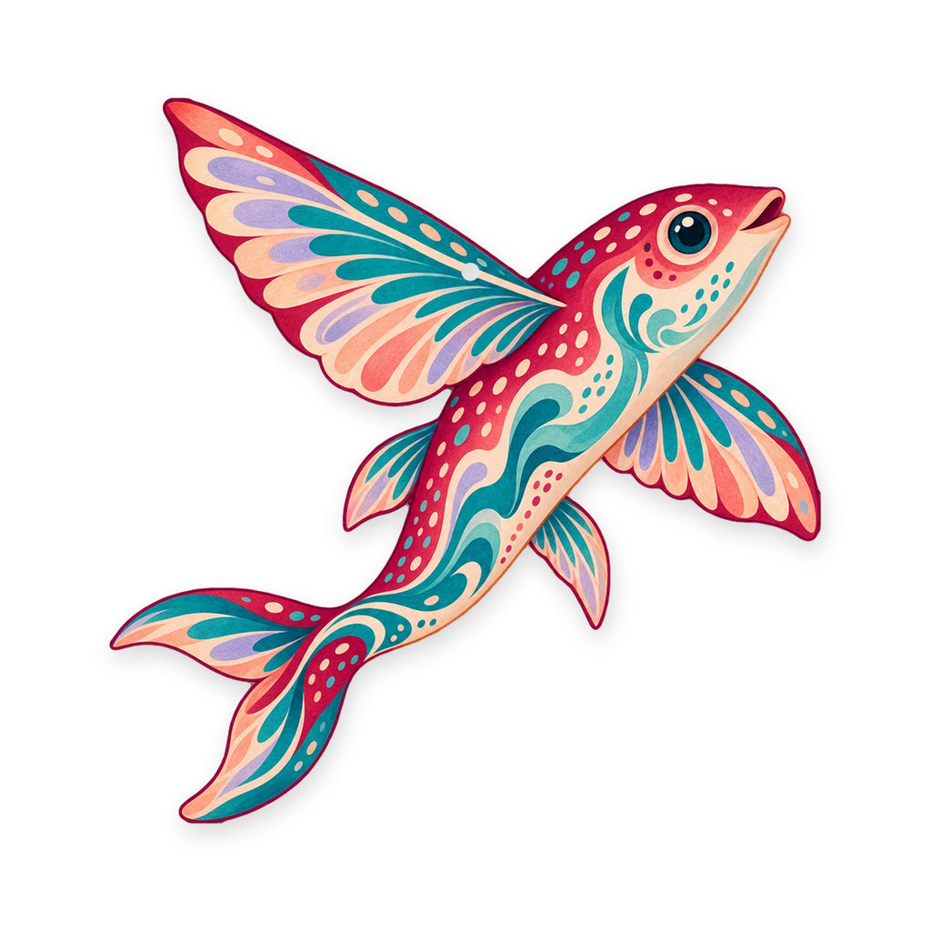 Flying Fish folk art ornament O128 on white, laser-cut maple wood, made in USA