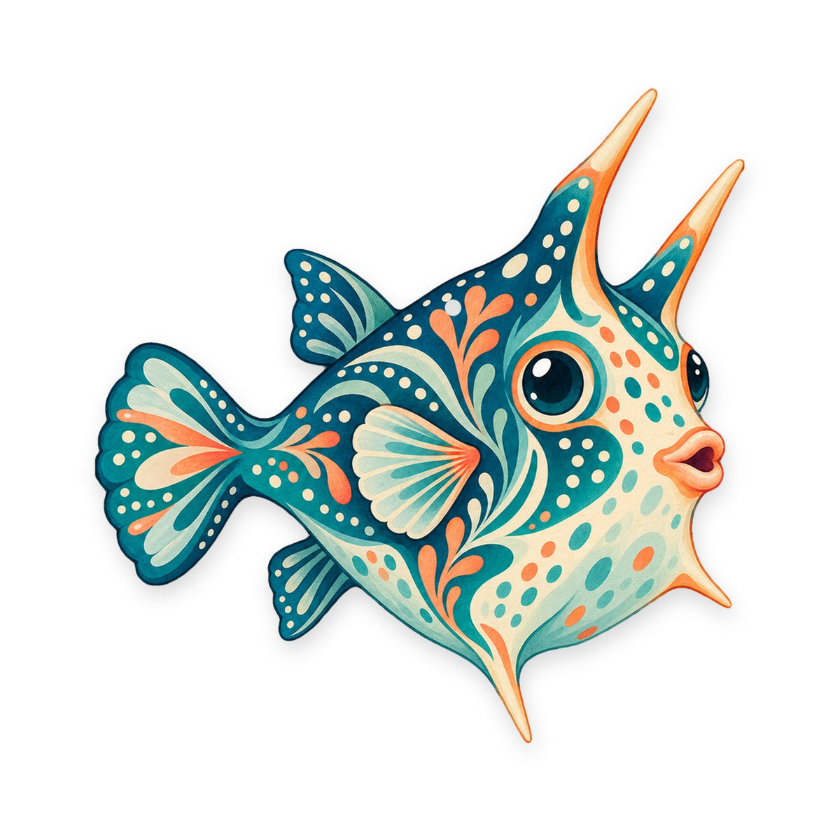 Longhorn Cowfish folk art ornament O129 on white, laser-cut maple wood, made in USA