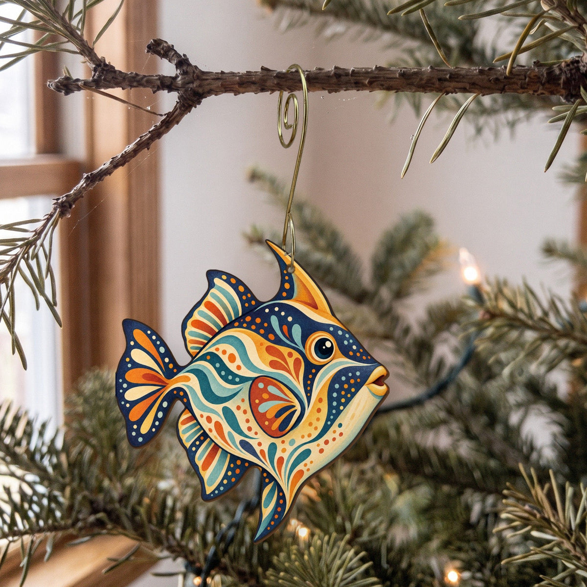 Laser-cut maple wood Triggerfish folk art ornament O130 hanging on a fir branch, made in USA