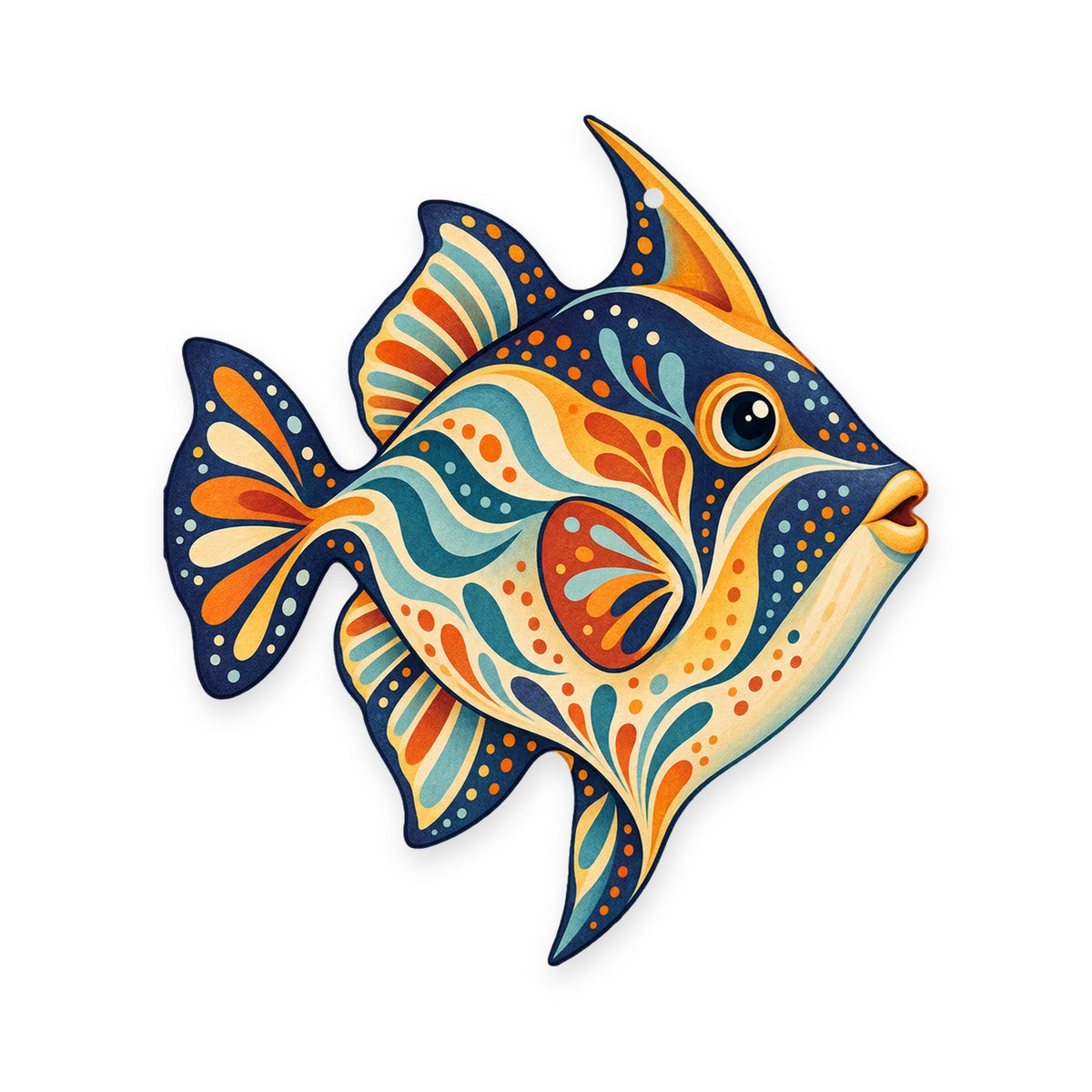 Triggerfish folk art ornament O130 on white, laser-cut maple wood, made in USA