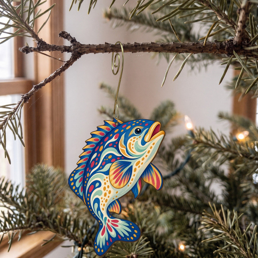 Laser-cut maple wood Grouper folk art ornament O133 hanging on a fir branch, made in USA