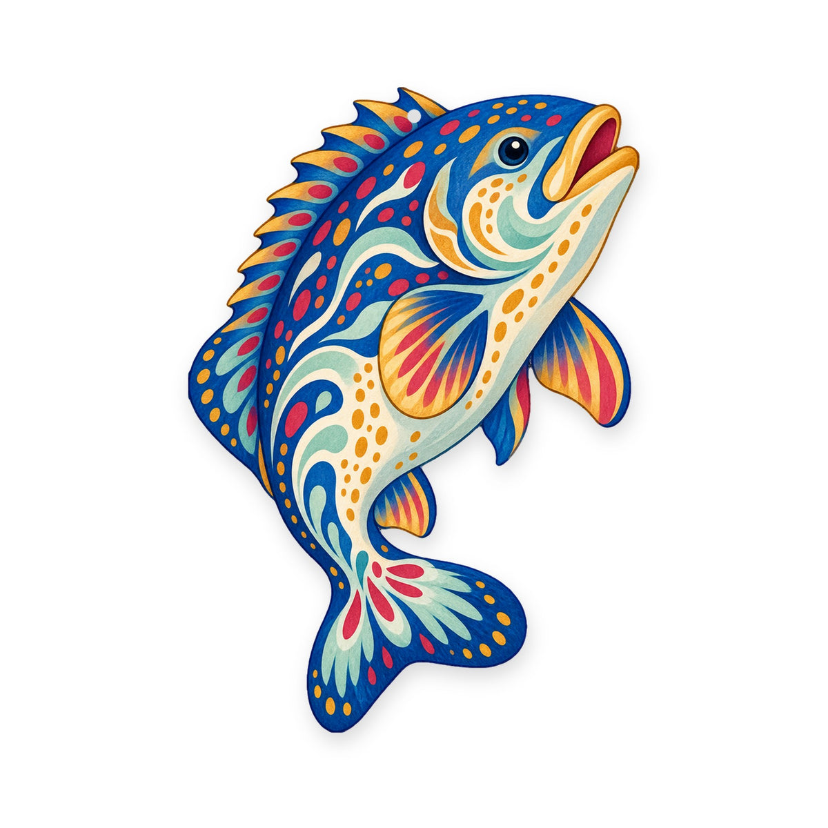 Grouper folk art ornament O133 on white, laser-cut maple wood, made in USA