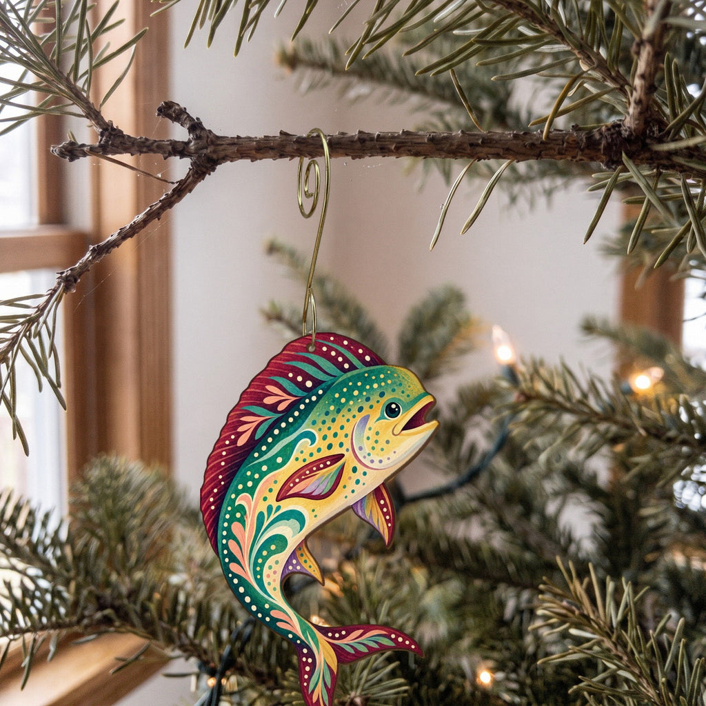 Laser-cut maple wood Mahi-Mahi folk art ornament O134 hanging on a fir branch, made in USA