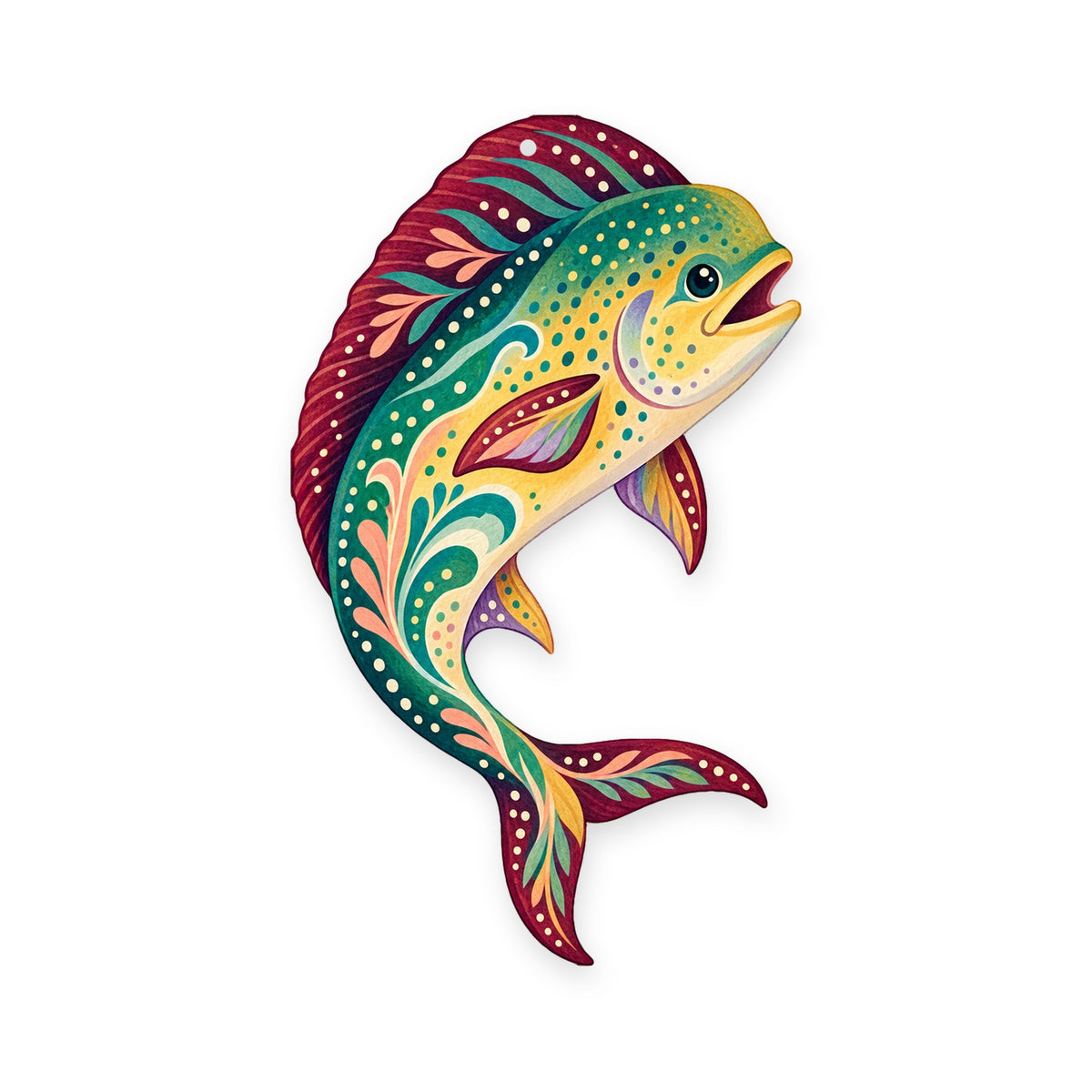 Mahi-Mahi folk art ornament O134 on white, laser-cut maple wood, made in USA