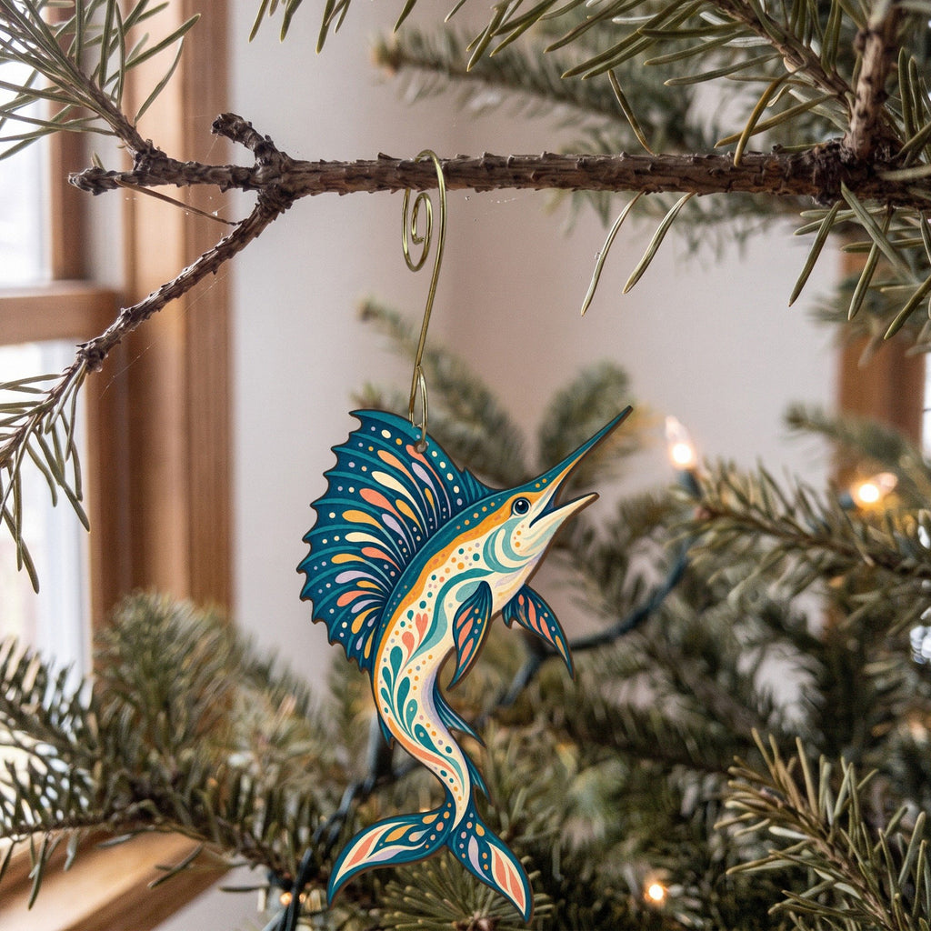 Laser-cut maple wood Sailfish folk art ornament O135 hanging on a fir branch, made in USA